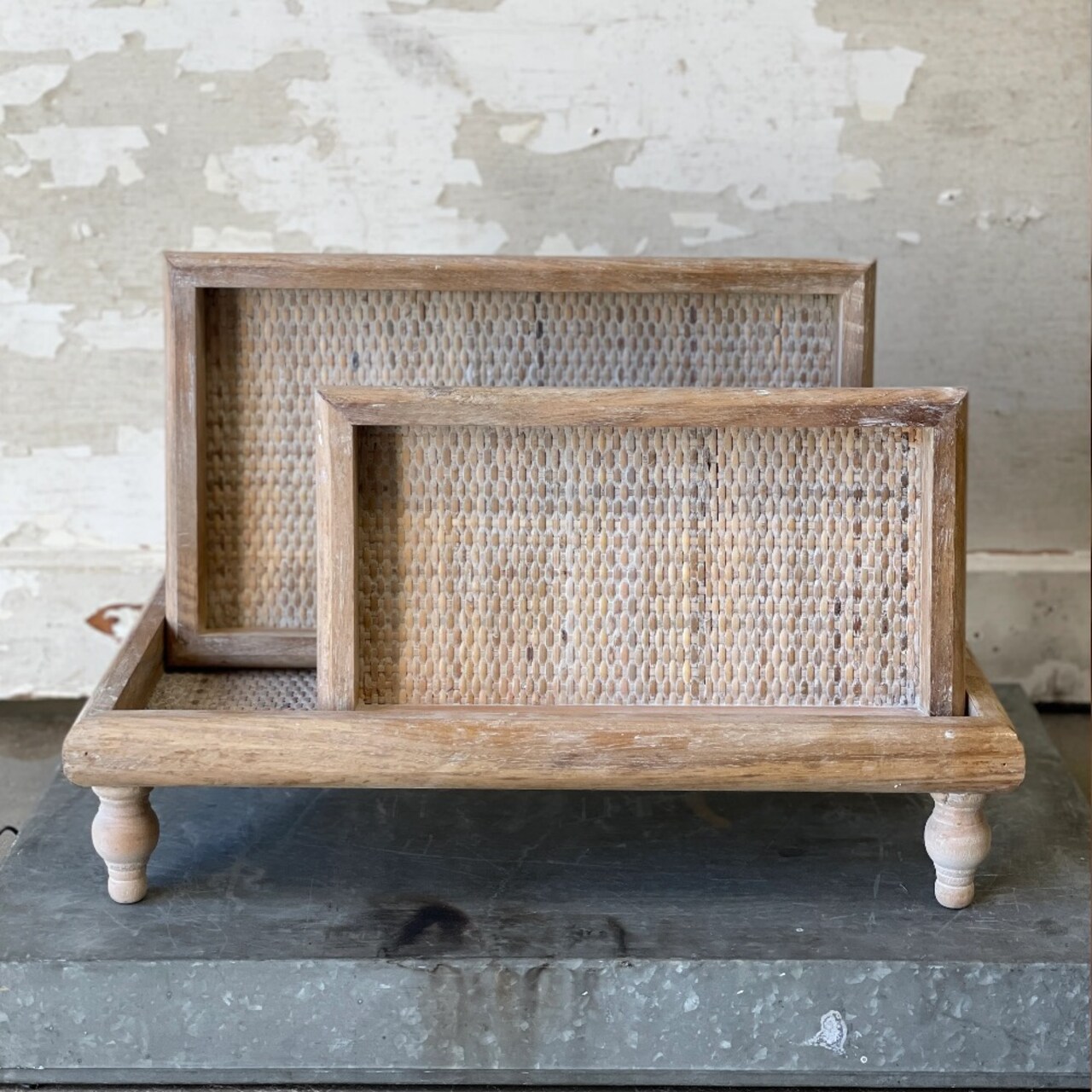 Rattan Weave Tray Stand Riser - Rustic Wooden Trays - Holiday Tree